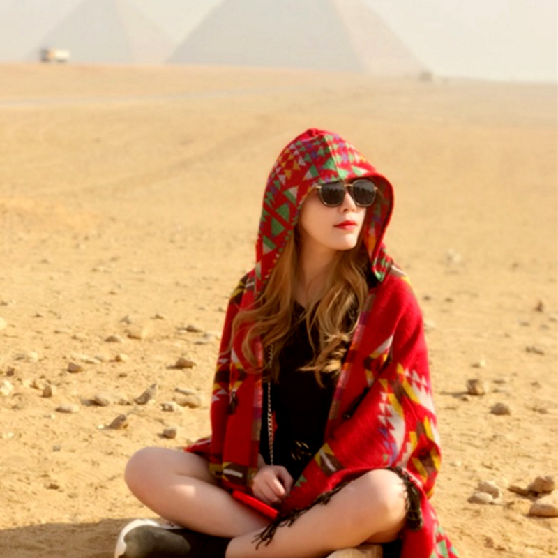 云南新疆西藏旅游红色民族风披肩女夏F连帽斗篷空调房保暖外搭披