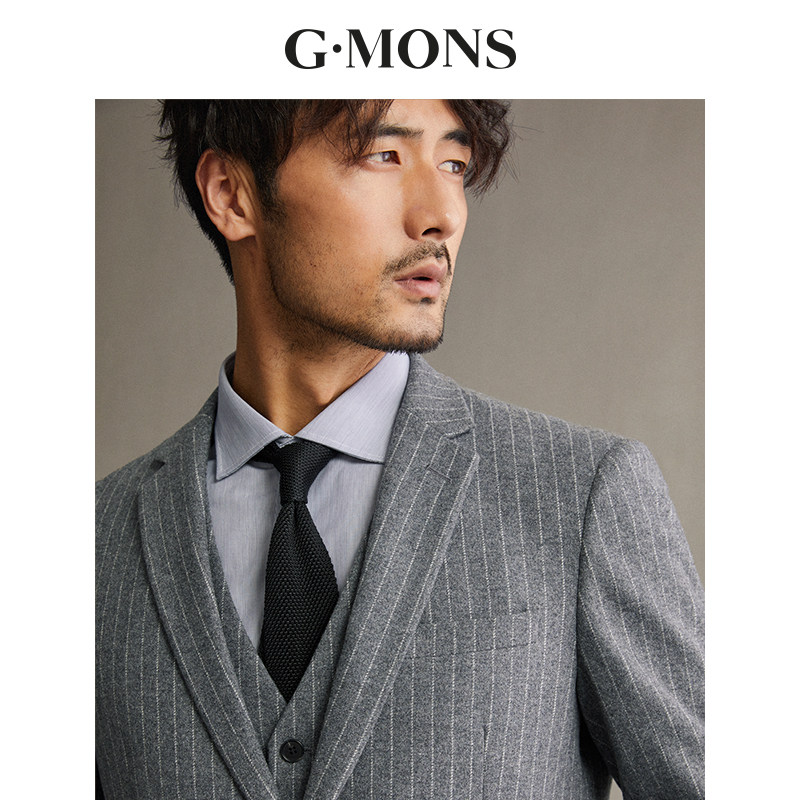 吉约蒙羊毛西服套装男灰色条纹商务休闲修身西装外套新郎结婚冬季