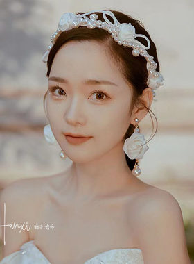 速发新款缎面花苞串珠发带发箍蝴蝶发夹套装新娘结婚头饰写真礼服