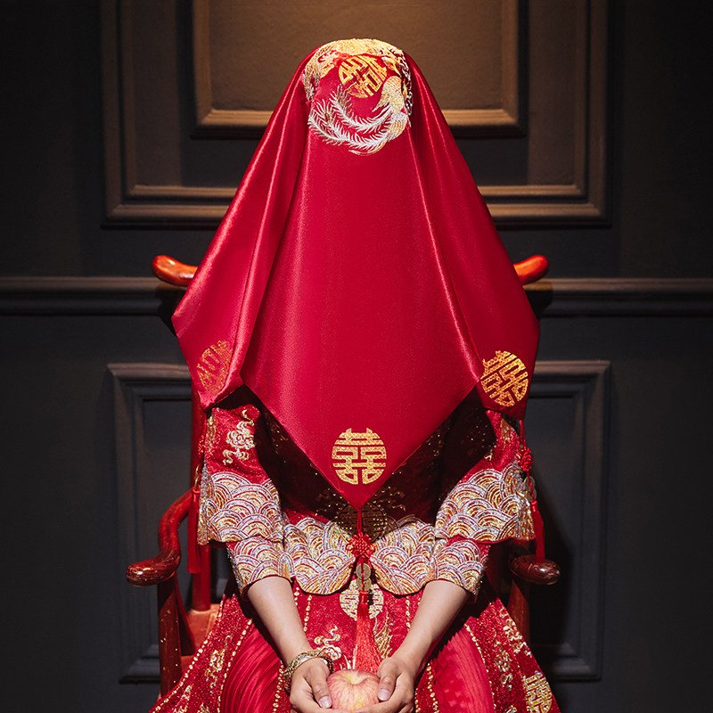 新品秀禾服盖头2021新款新娘结婚配饰红色头巾出阁古装汉服结婚用图片