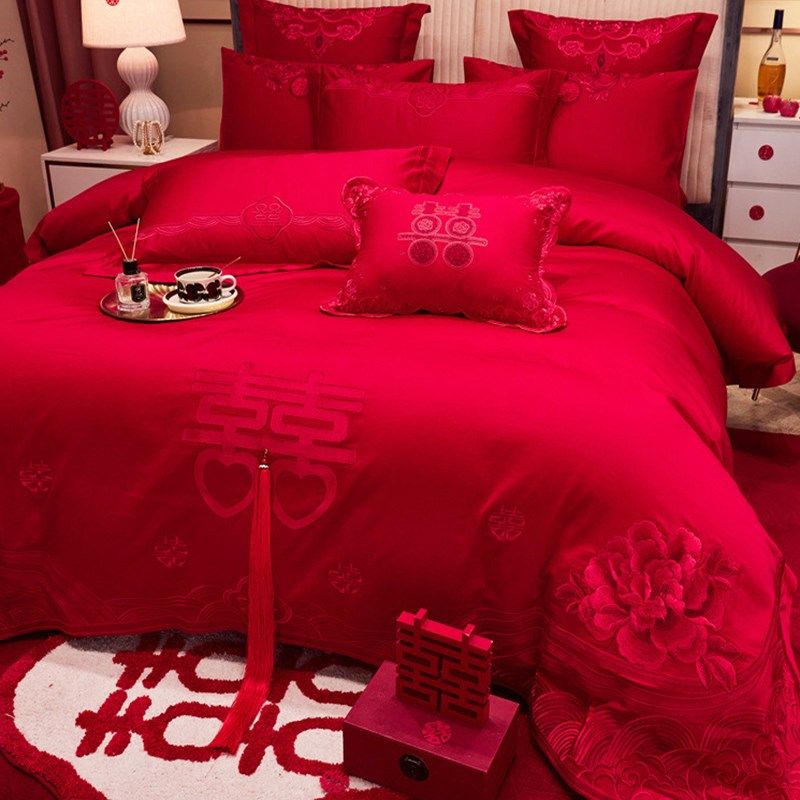新中式结婚喜字四件套流苏y长绒棉喜嫁新婚多件套床单床品,床上用品,婚庆床品套件,淘宝优惠券,粉丝福利购,淘宝优惠卷
