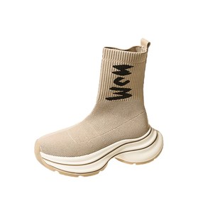 高帮袜子鞋女2024新款秋季弹力瘦瘦飞织袜靴厚底休闲针织马丁短靴