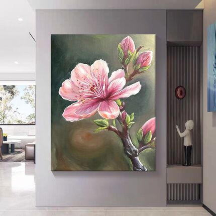 大芬村油画新中式桃花卉手绘肌理花开富贵客厅装饰画玄关餐厅挂画