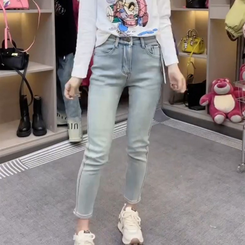 大码高腰弹力直筒牛仔裤女春胖妹妹mm梨型身材裤子显W瘦九分烟管