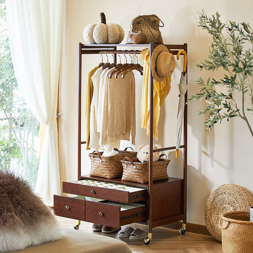 新中式实木大容量卧n室落地移动衣帽架服装试衣间带抽屉收纳柜子