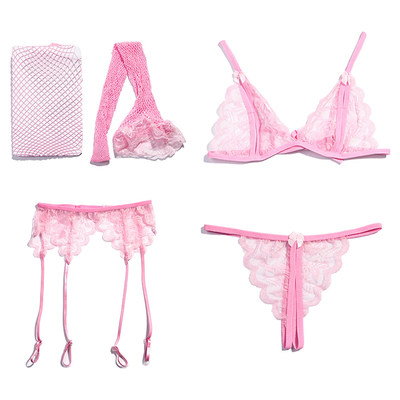 网红4Pcs Set Women Lace Net Stockings & Garters & G-string A