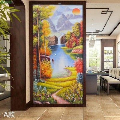 走廊入户a玄关壁纸8D中式古典油画风景16D立体山水过道墙布装饰图片