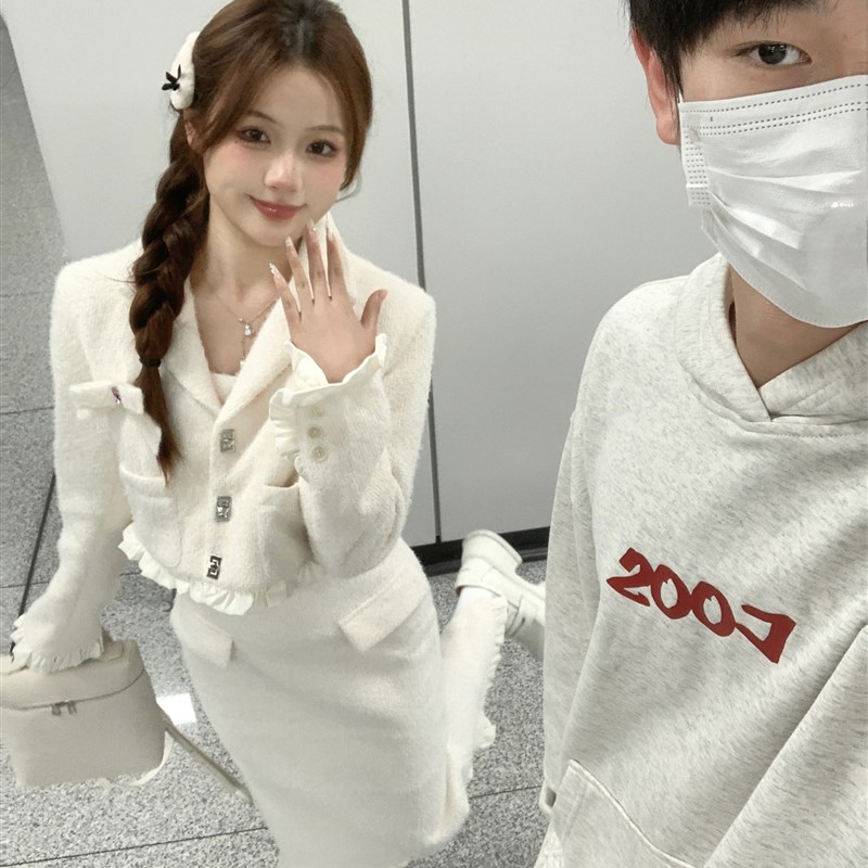气质名媛小香风富家千金春秋套装女白色毛呢子外套修身吊带连衣裙