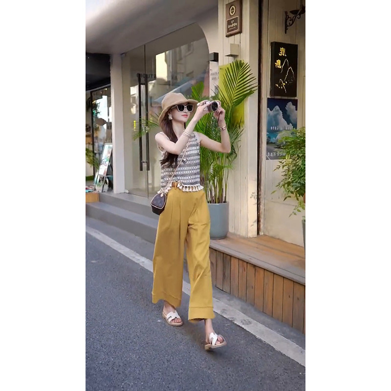 2024新款小个子高级感宽松直筒休闲显瘦姜黄色阔腿裤子女夏季薄款