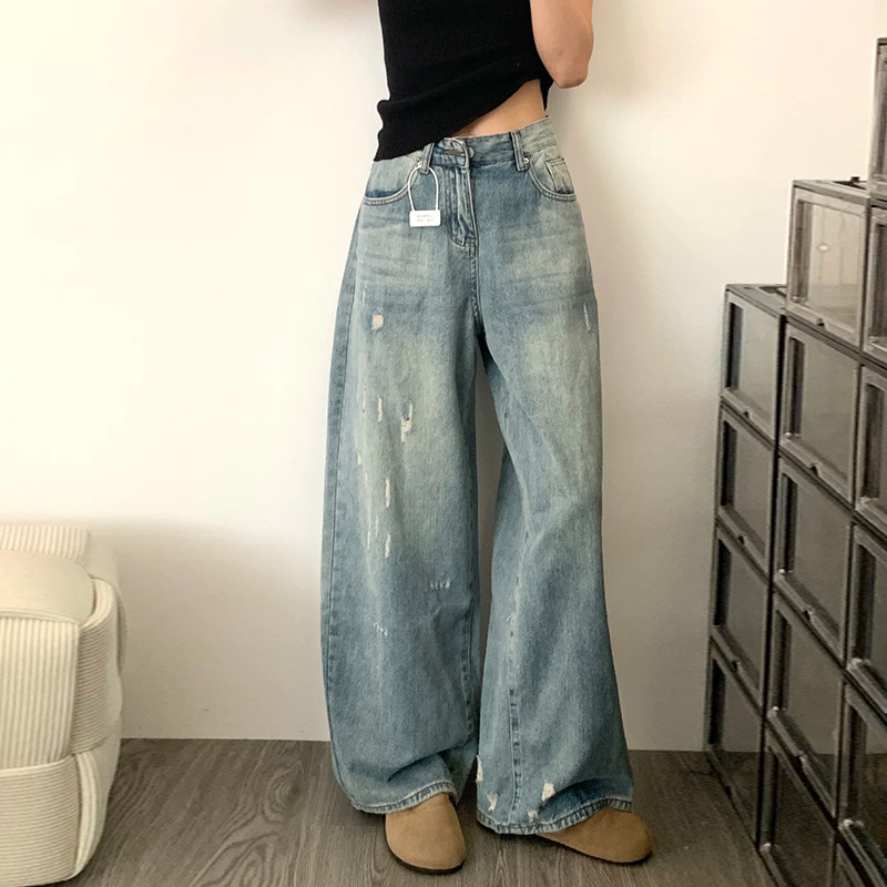 热销复古水洗磨破设计感牛仔阔腿裤子女装2024早秋季新款高腰显瘦