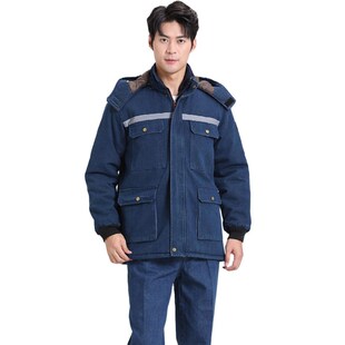 冬季加厚加绒牛仔工作服男防烫耐磨电焊工棉袄防寒保暖劳保工装男
