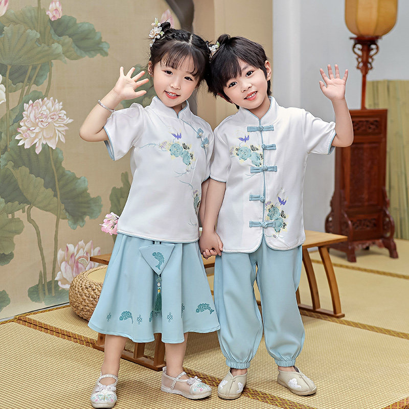 新品六一儿童演出服夏装汉服女童民国风套装男童国学幼儿园小学生