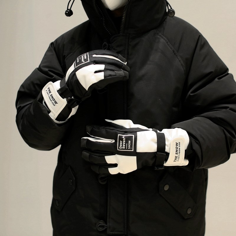 复古黑白男女户外运动骑行机车手套冬天滑雪防水骑摩托Z装备防寒