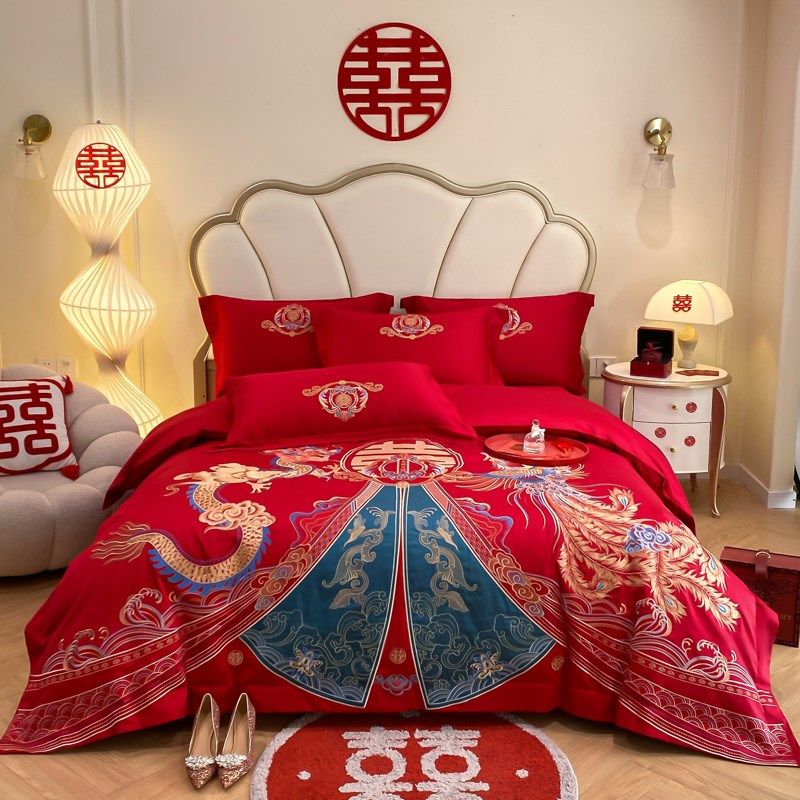 高级感中式结婚四件套红色床单龙凤刺绣被P套喜被婚庆床上用品,床上用品,婚庆床品套件,淘宝优惠券,粉丝福利购,淘宝优惠卷