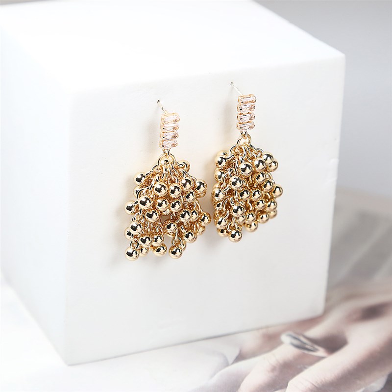 新款S9a25银针锆石复古法式金属流苏串珠耳环轻小众个性设计饰