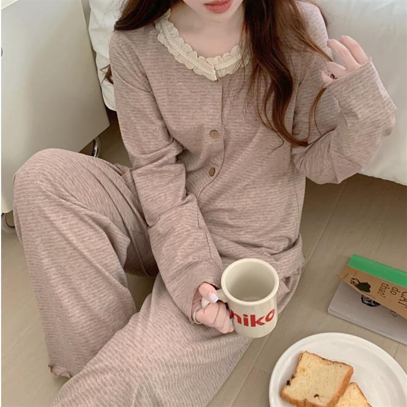 睡衣女秋冬季韩版甜美蕾丝条纹长袖长裤家居服套装学生可外穿