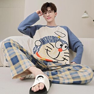 男士睡衣四季长袖卡通加大码青少年男款春夏款全棉家居服套装