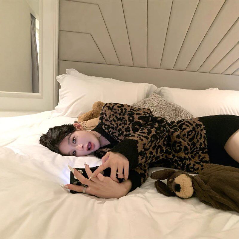 法式高级感豹纹印花半边绒睡衣女冬天2024加绒保暖家居服套装大码