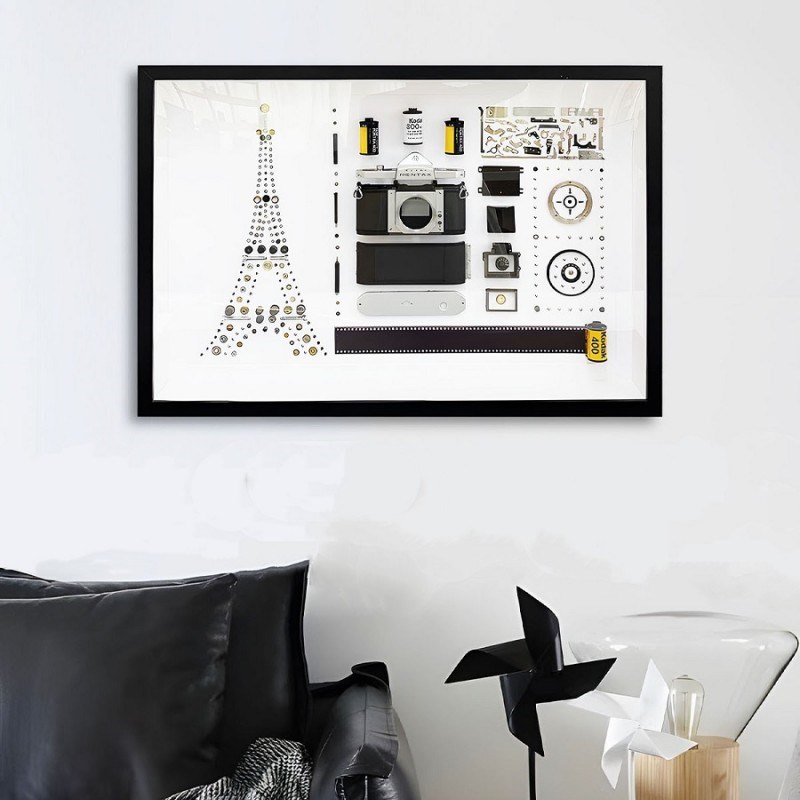 样板间装饰画电表箱遮挡t画中空相框相机拆机拆解零件标本画展示