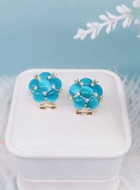 现货网红花e束耳钉2022新款潮蓝色猫眼石银针耳环女高级感气质百