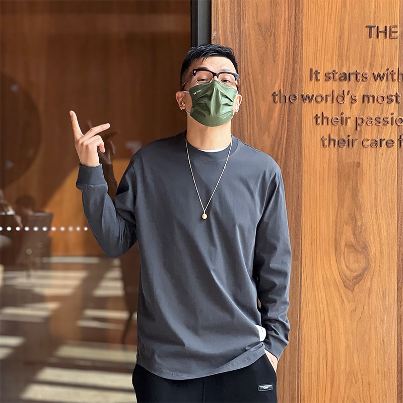港风潮流圆弧下摆开叉长袖T恤男秋季百搭简约休闲圆领打底衫