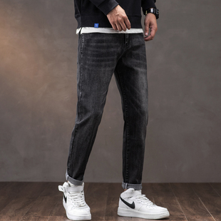 夏季薄黑色商务男士大码牛仔裤高弹力修身小脚裤胖子加肥加大男裤