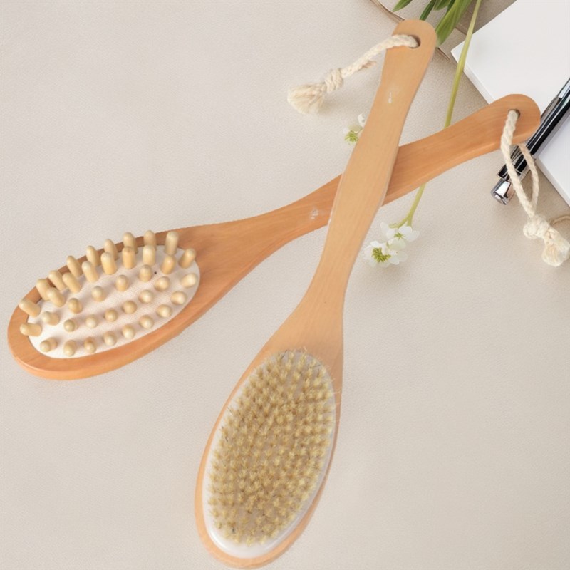 长柄双面木制天然猪鬃毛气囊按摩二合一两用淋浴刷洗澡搓背刷子