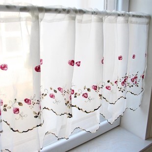 免打孔绣花刺绣双层窗纱半截半帘短帘门帘飘窗帘小窗户纱帘遮阳