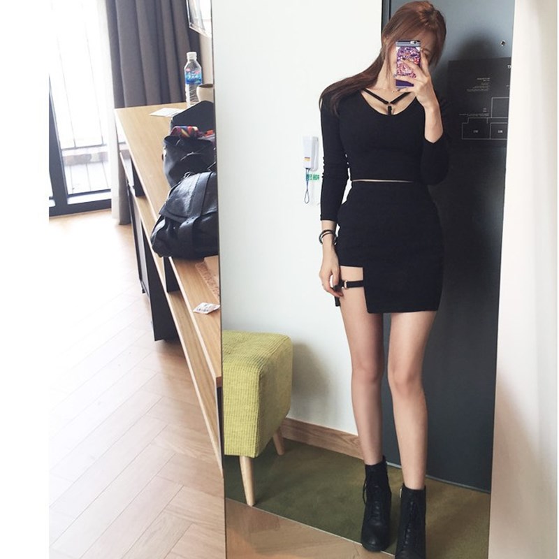 新品Korean Style Black Package Hip Skirts Irregular Hem Penc