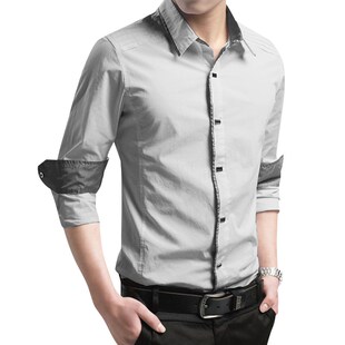 夏季男士衬衫长袖修身型纯棉薄款青年上班商务休闲白衬衣服秋男装