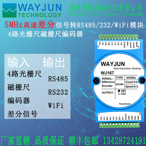 4路光栅尺磁栅f尺编码器5MHz高速差分信号转485/232/WiFi模块WJ16