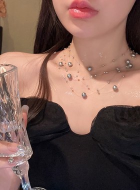 人鱼泡沫~纯欲风珠光瀑布多层珍珠满天星项链法式轻奢超仙锁骨链