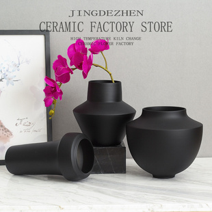 新中式现代简约大肚黑色陶罐花瓶高级感陶瓷摆件客厅干花插花花器