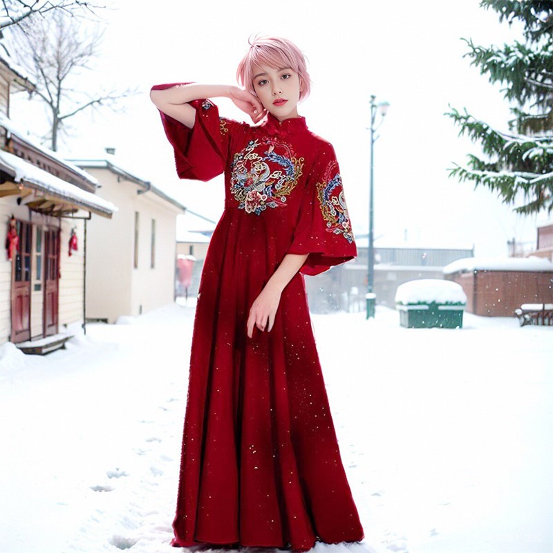 女童礼服汉服古装中国风复古酒红色儿童旗袍古风演出服小模特走秀