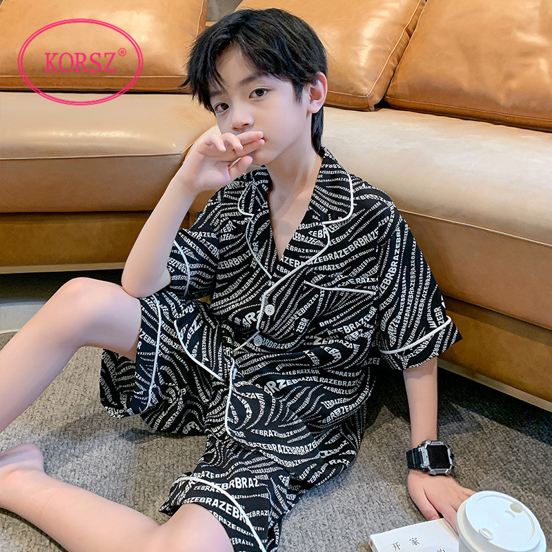 儿童睡衣男童夏季薄款冰丝短袖中大童男孩真丝家居服套装夏