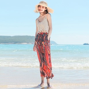 子防蚊防晒薄七九分垂感小个子沙滩裤 女夏妈妈棉绸花裤 裙裤 阔腿裤