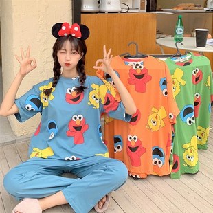 新款 女宽松版 纯棉睡衣短袖 卡通可爱居家服套装 长裤 爱笑2020新夏季