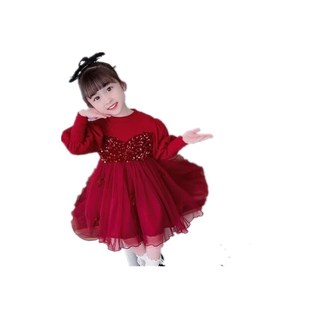 女童连衣裙春秋装新款儿童红色长袖礼裙薄款洋气女宝宝公主网纱裙