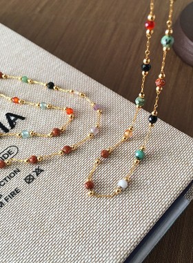 西西里美丽传说 精致时髦天然石彩色F串珠锁骨链细项链个性度假风