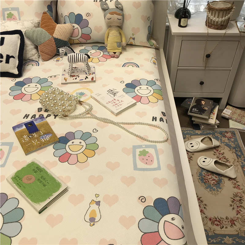 ins向日葵冰藤蓆夏凉席三件套可水洗1.5m1.8米空调凉蓆夏季笑脸冰