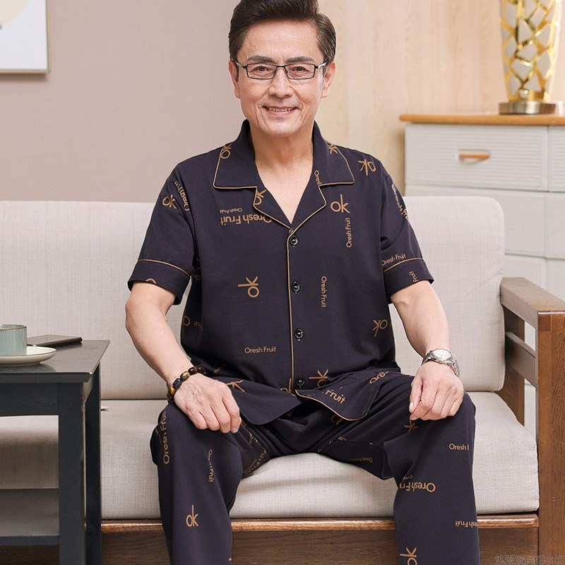 睡衣男夏季中老年纯棉男装短袖长裤薄款中年爸爸可外穿家居服套装