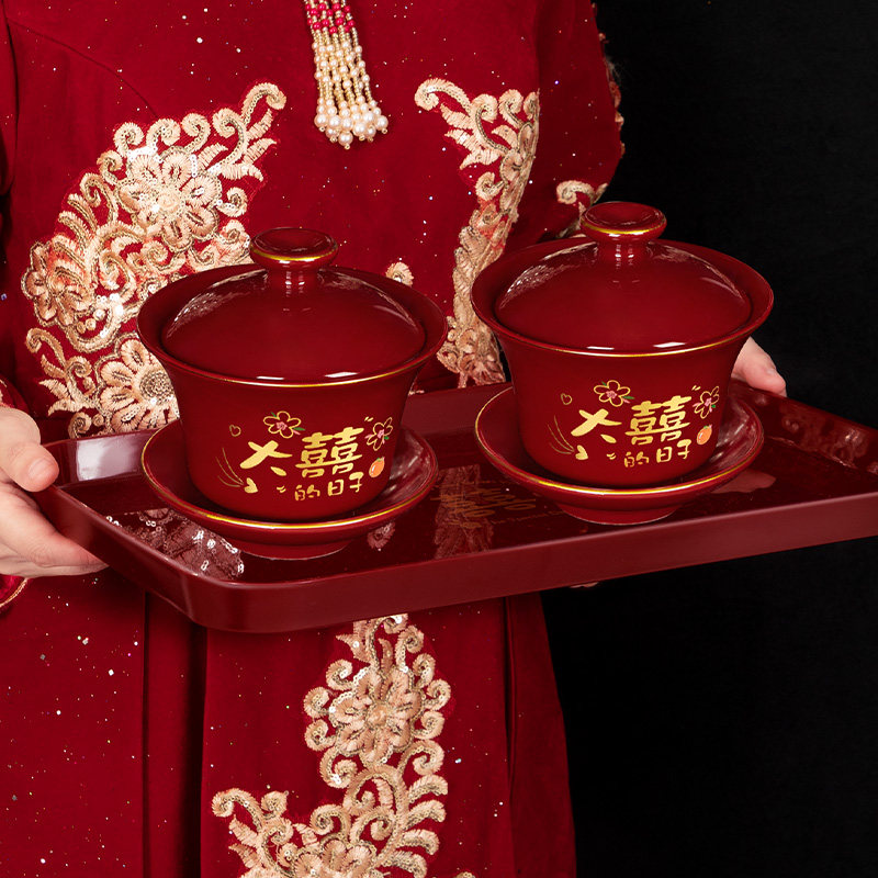 工厂销结婚碗筷套装陪嫁改t口敬茶杯红色喜庆对碗喜碗敬酒婚礼用