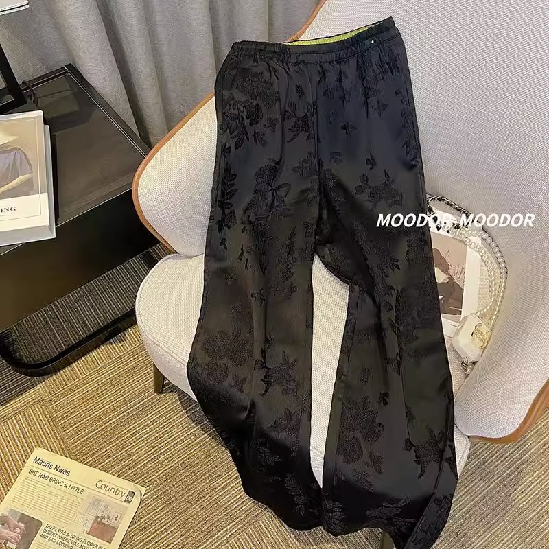 大码300斤国潮中式提花缎面长裤男C女春秋薄款宽松直筒休闲运动裤