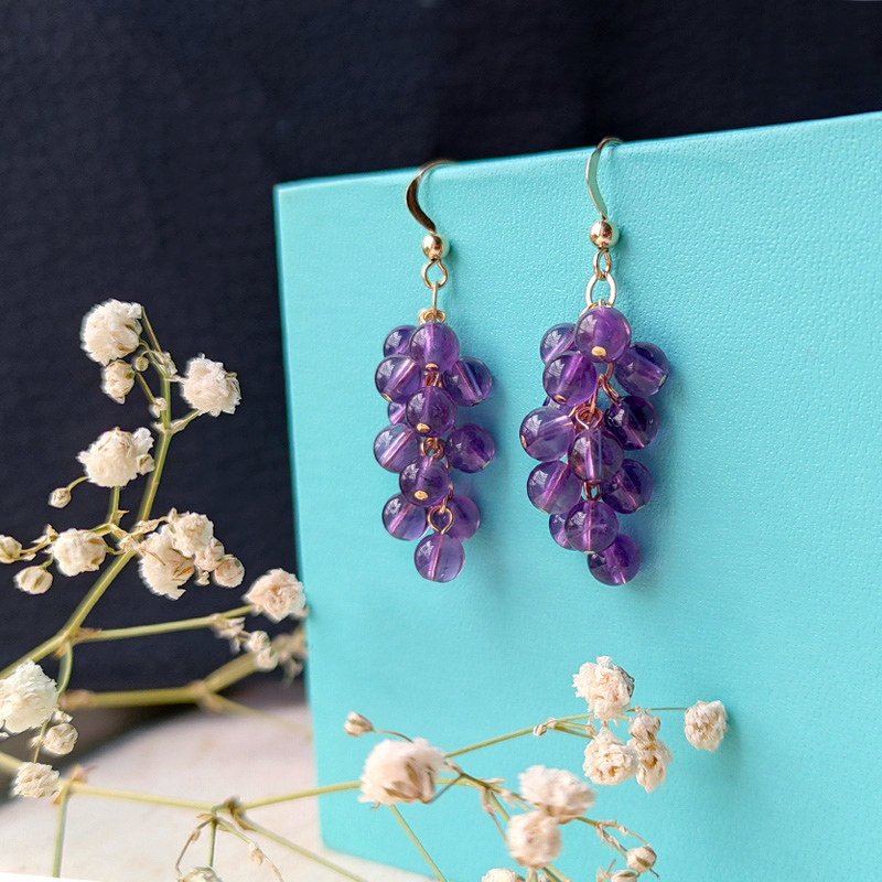 新款天然紫水晶葡萄串耳环气质百搭长款耳坠简约时尚气质女款耳饰