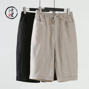 亚麻短裤 子中国风男装 男薄款 透气宽松休闲裤 松紧系带五分裤 夏季