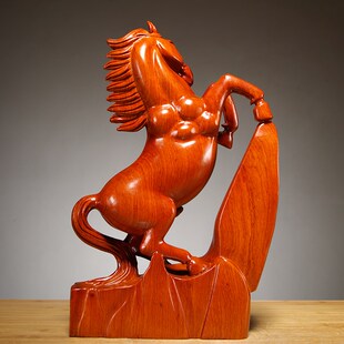 花梨木制马到成功摆件一对实木雕刻十二生肖木头马客厅装饰工艺品