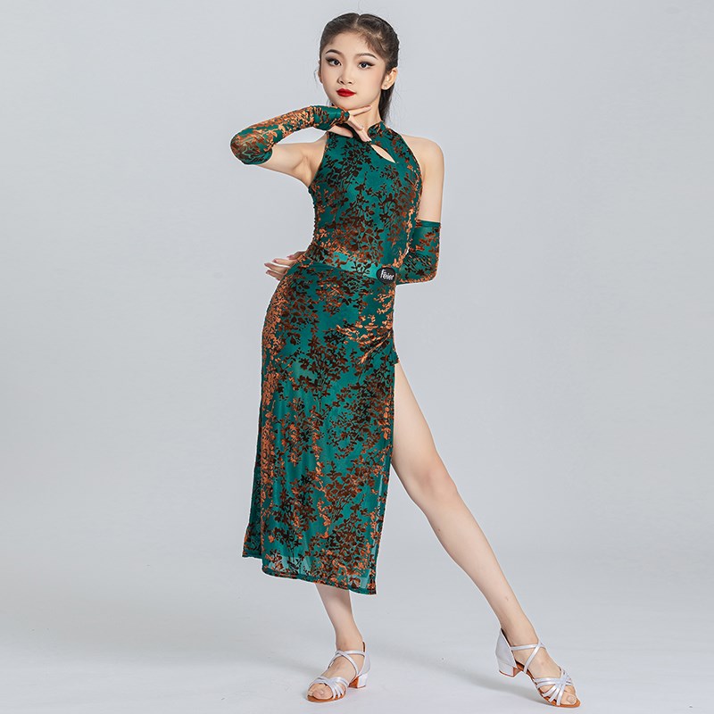 拉丁舞服装女童练功衣服旗袍2024新款练习训练舞蹈班跳舞儿童裙子
