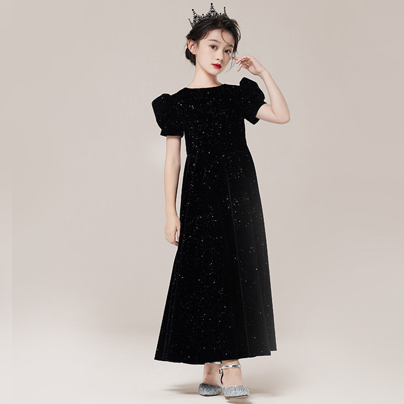 现货儿童晚礼服钢琴演奏演出服主持人轻奢小众女童高端花童黑色公