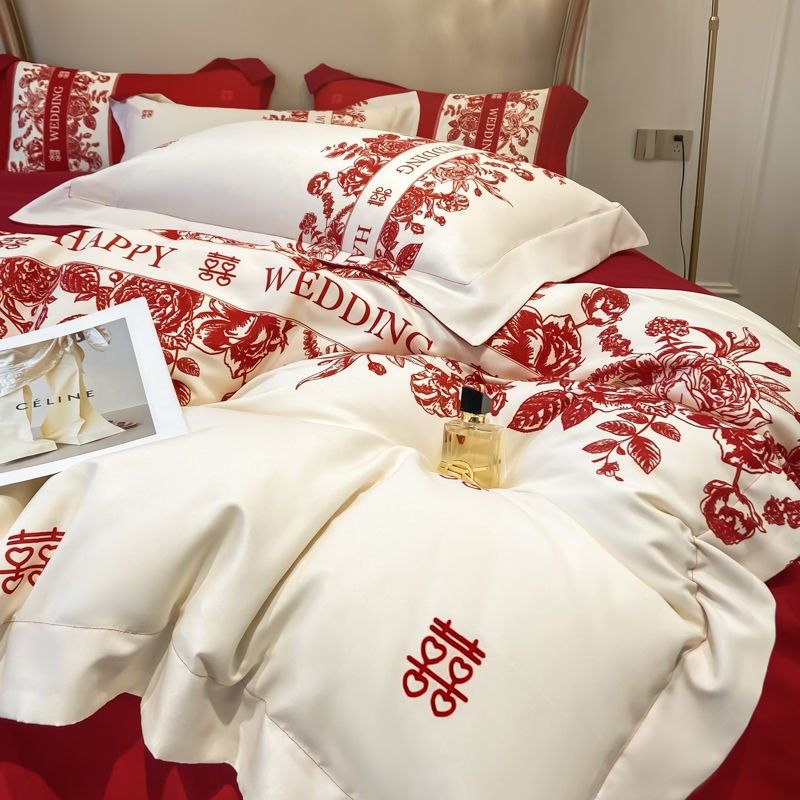 婚庆结婚四件套简约大红色新婚床单被套婚礼喜庆结婚礼物床品,床上用品,婚庆床品套件,淘宝优惠券,粉丝福利购,淘宝优惠卷