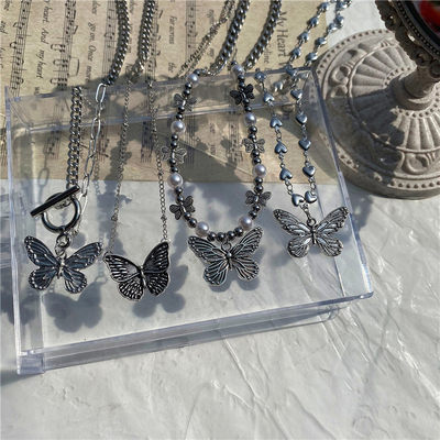 网红Goth Butterfly Pearl Beads Pendant Chain Choker Necklace